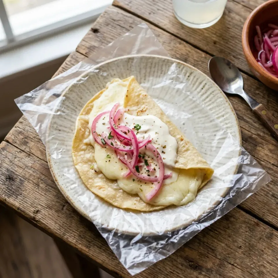 Quesillo con crema y cebolla encurtida sobre tortilla