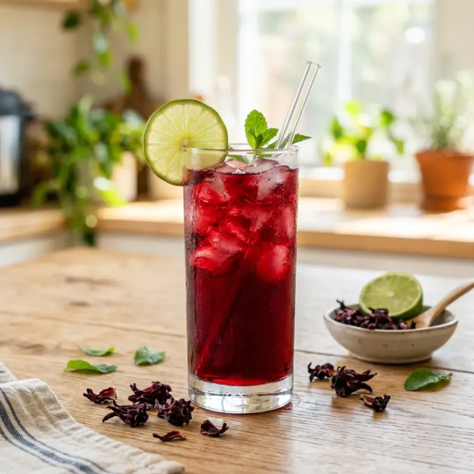 Vaso de fresco de jamaica con hielo y limón