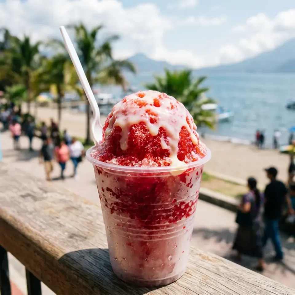 Raspado de fresa con leche condensada frente al lago