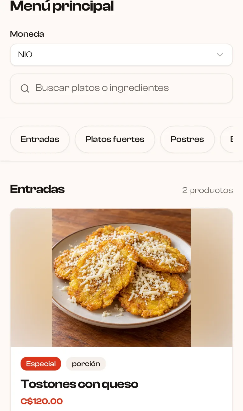 Menú público de Casa Mombacho en el celular, con sus secciones y los tostones con queso a C$120.