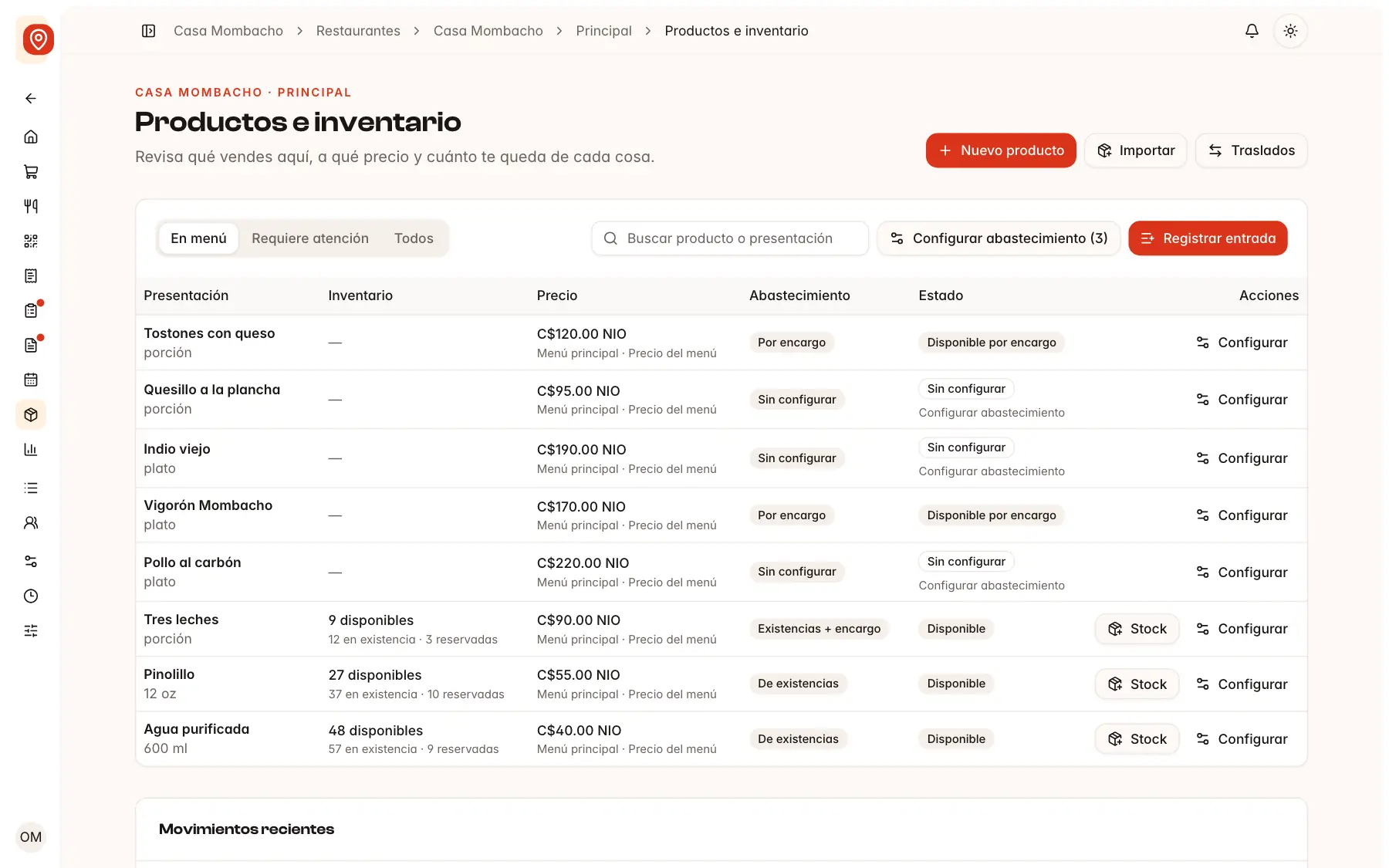 Productos e inventario en Plun con presentaciones, precios del menú y estado de disponibilidad.