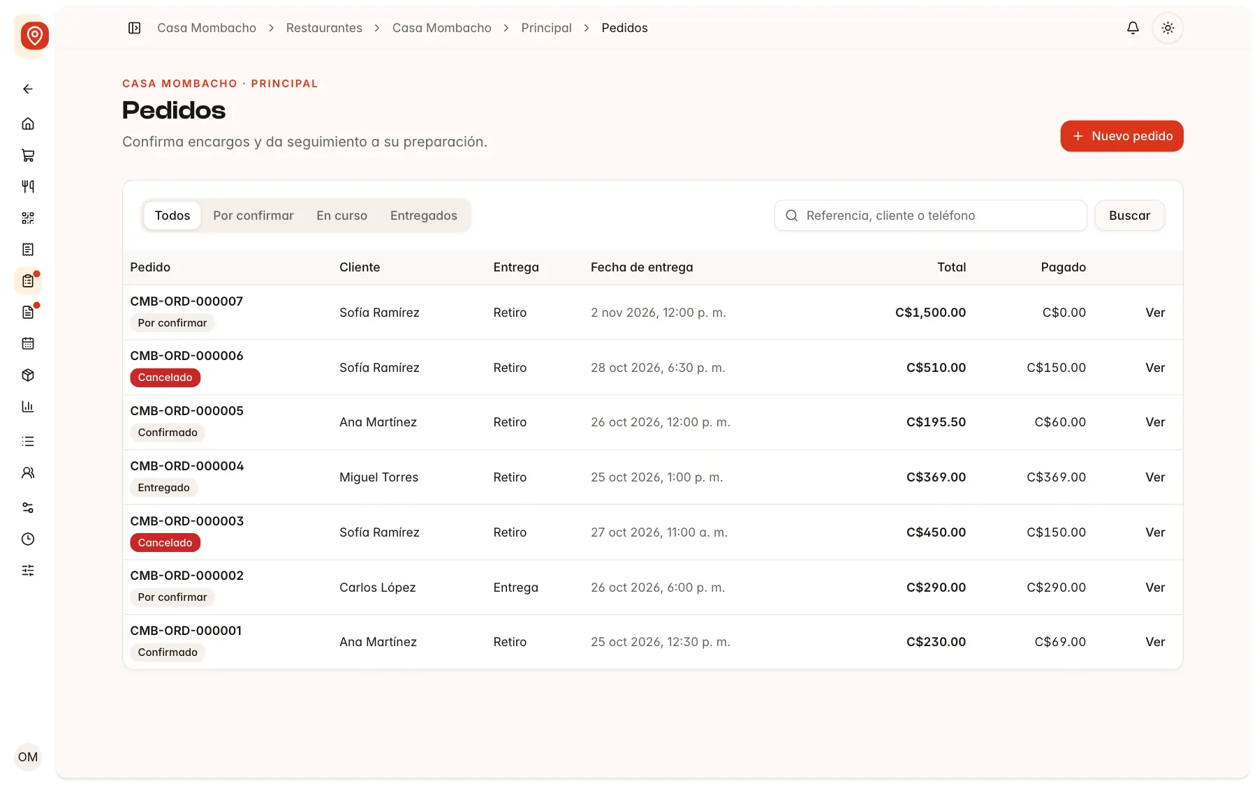 Lista de pedidos en Plun con referencia, estado, cliente, tipo de entrega, fecha de entrega, total y monto pagado.