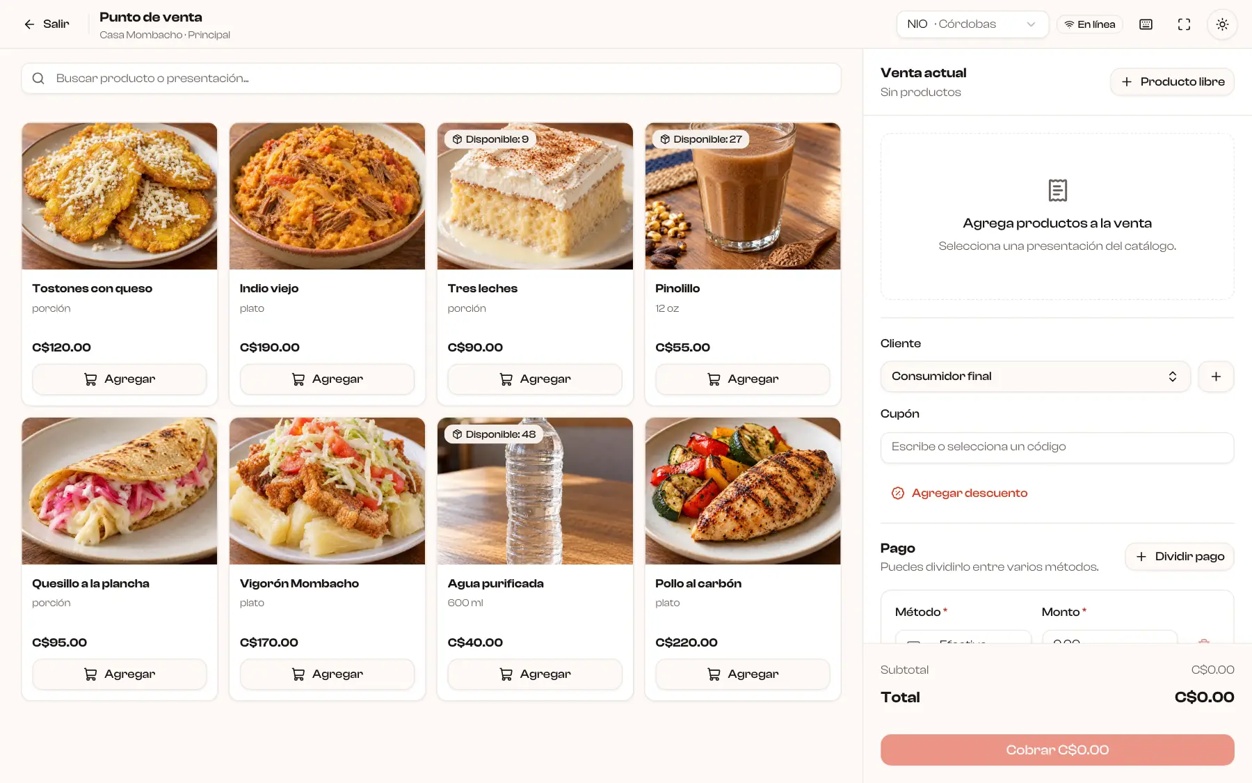 Punto de venta de Plun con productos, precios, existencias y la venta actual con cliente, cupón y pago.